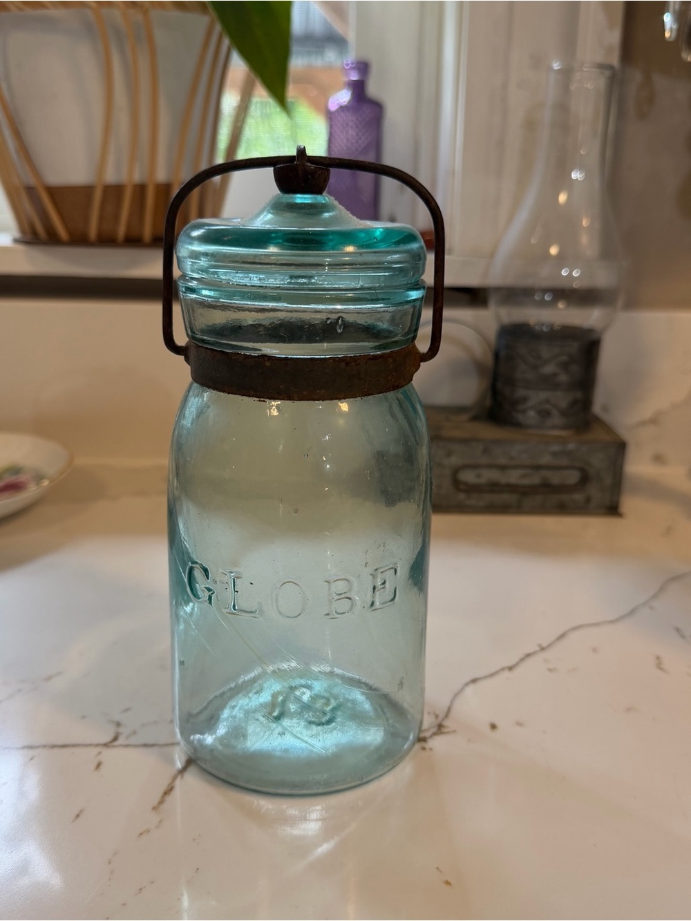Antique Globe Aqua Glass Jar with glass lid